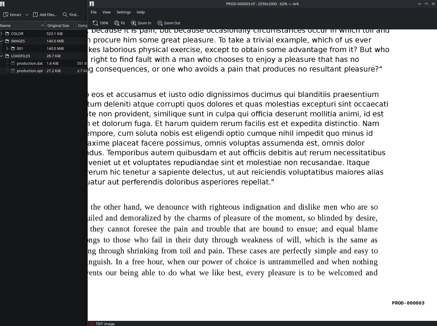 Output from Sprite's Tempest plugin showing Bates stamped TIFF pages