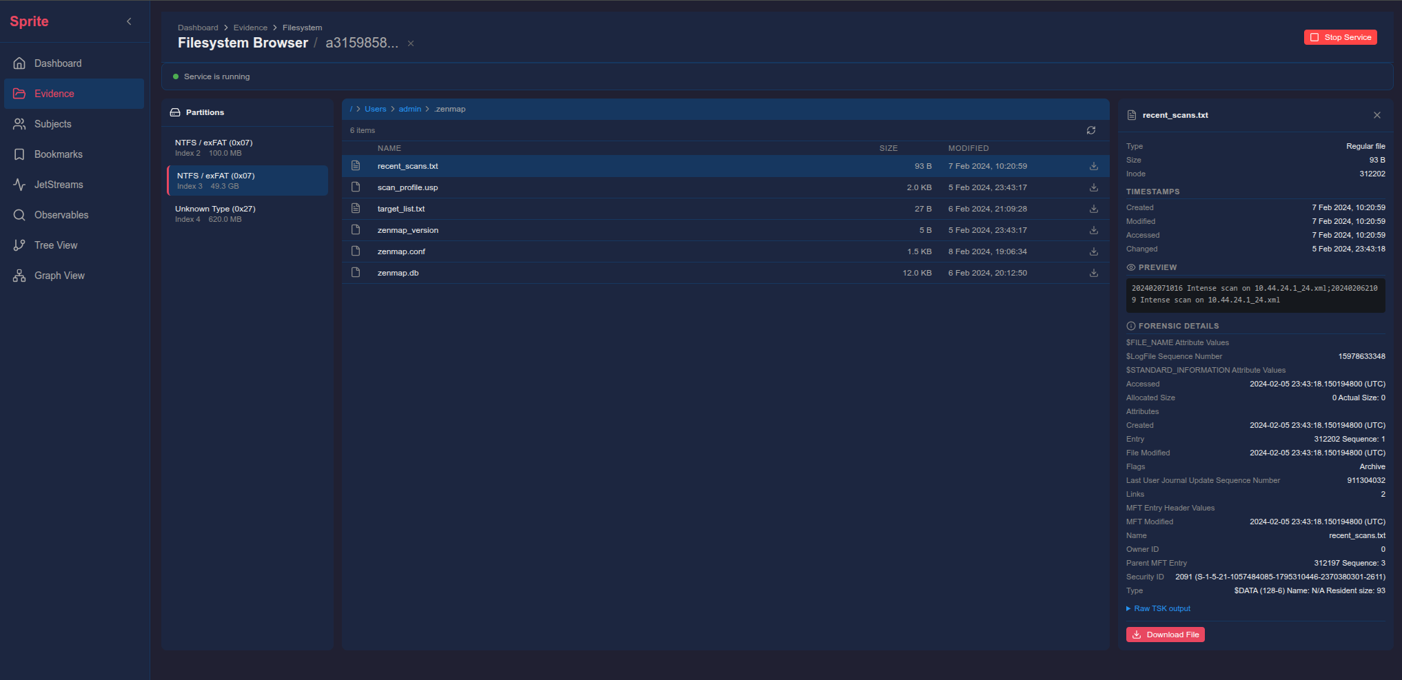 Sprite's filesystem browser showing partition navigation, file listing with timestamps, forensic details, and file preview